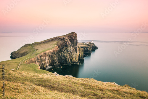 Neist Point Lighthouse - Isle of Skye, Scotland, beautiful cliffs of Highlands of Scotland at dusk