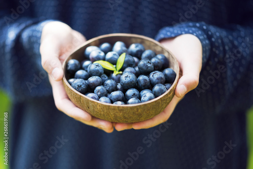 Young girl’s hands holding a bowl with fresh ripe blueberries. Harvest of summer berries. Vegan lifestyle and healthy eating concept. Soft selective focus.