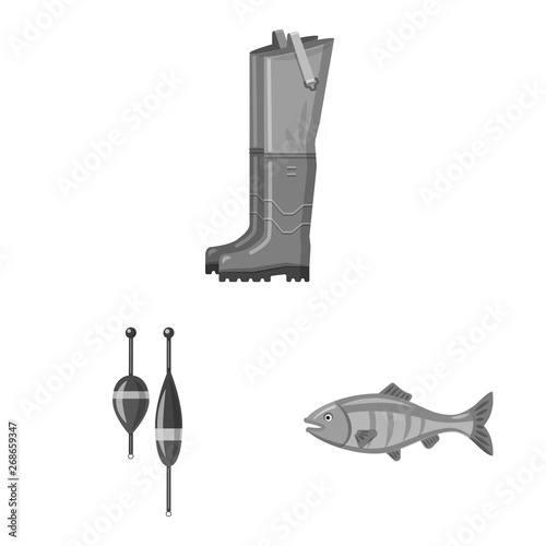 Vector design of fish and fishing sign. Collection of fish and equipment stock symbol for web.