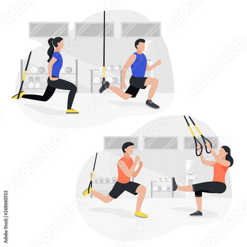 Fit people working out on trx doing bodyweight exercises. Fitness strength training workout.