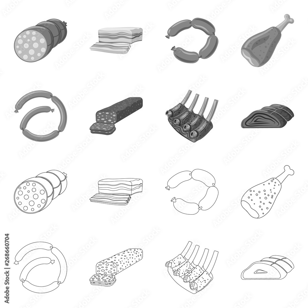 Isolated object of meat and ham logo. Set of meat and cooking stock vector illustration.