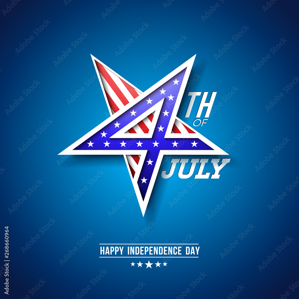 Obraz premium 4th of July Independence Day of the USA Vector Illustration with 4 Number in Star Symbol. Fourth of July National Celebration Design with American Flag Pattern on Blue Background for Banner, Greeting