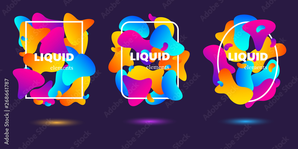 Set of abstract badges. Flowing liquid shapes with fluid gradient color and frame. Isolated on white. Vector trendy design.