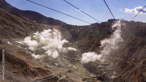 Owakudani, JAPAN - April 9, 2019: Rope way passing by Owakudani valley
