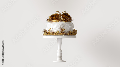 Big White and Gold Luxury Cake with Flowers and Berries 3d illustration 3d render © paul