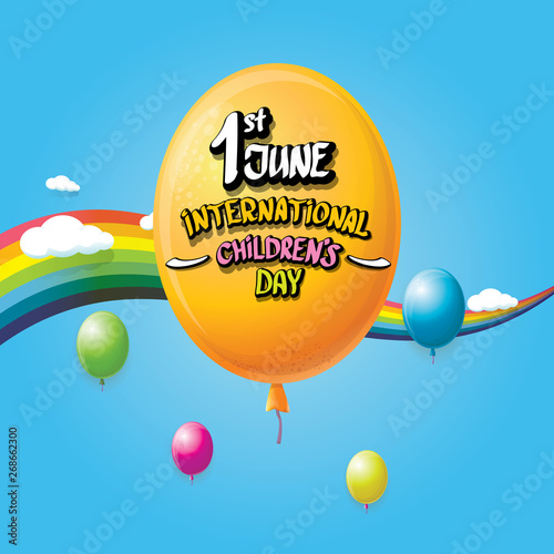 1 june international childrens day background. happy Children day greeting card with balloons, sky , rainbow and clouds. kids day poster