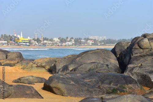 Chennai, Tamilnadu, India: Febrauary 15, 2019 - Rocks in Kovalam beach photo