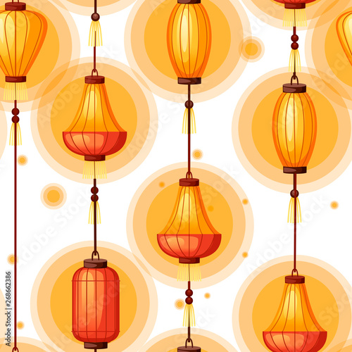 Seamless pattern. Chinese lanterns in different shape. Flat vector illustration on white background. Red and orange classic Asian lantern. Chinese New Year