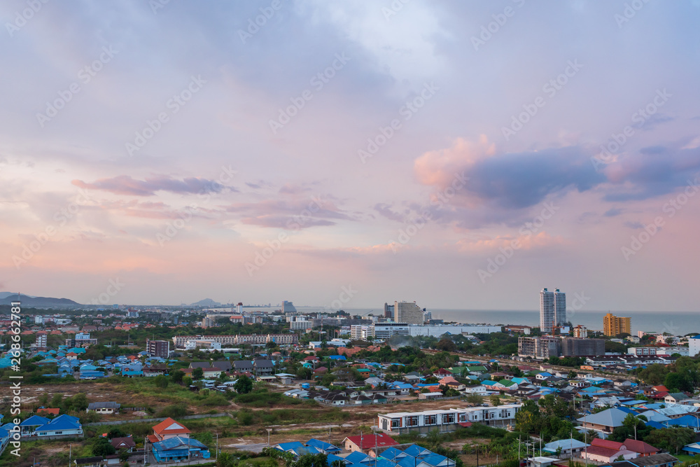 Fototapeta premium Aerial view scenic landscape of the city with storm cloud rain will coming