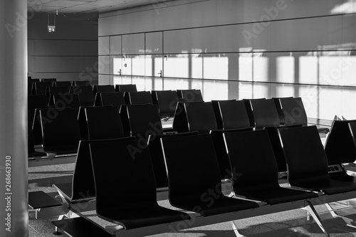 Empty airport waiting room in black and white
