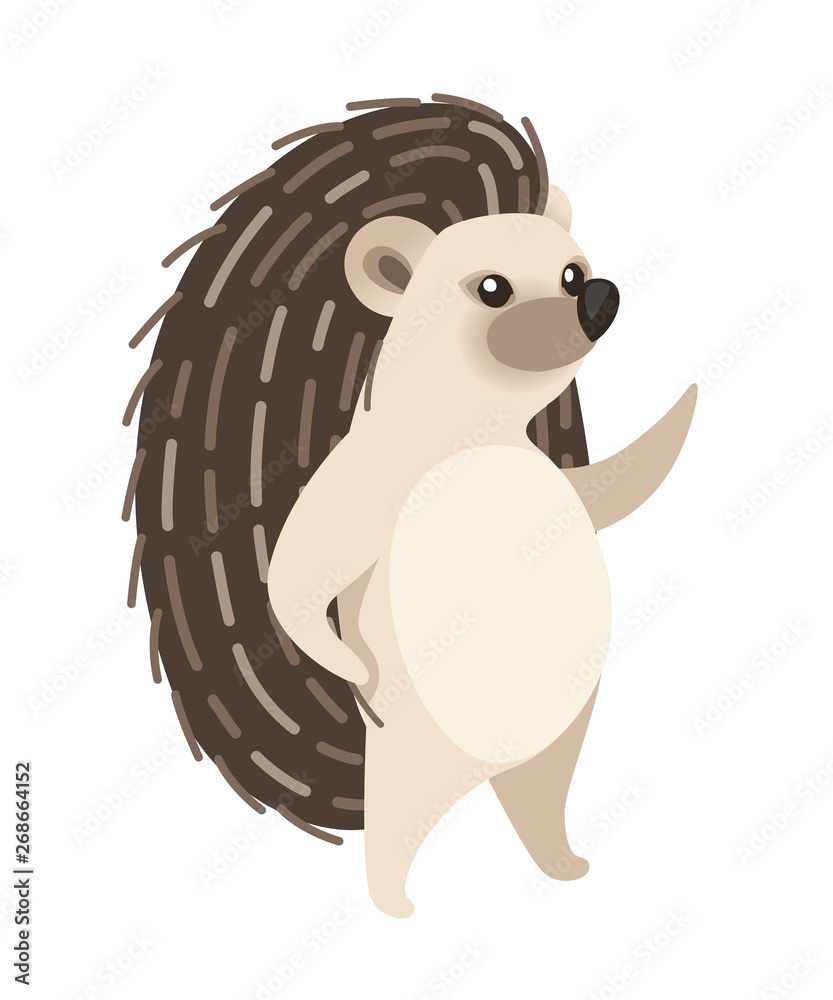 Fototapeta premium Adorable hedgehog, forest animal. Spiny mammal. Hedgehog stand on two legs. Cute cartoon animal design. Flat vector illustration isolated on white background