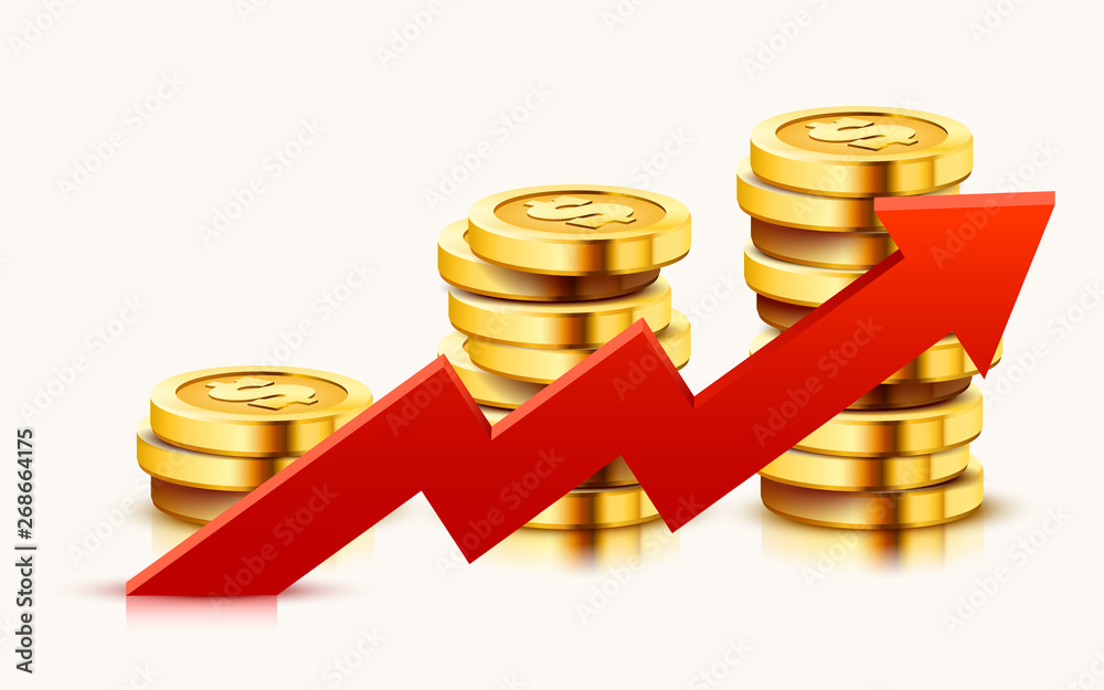Growing stack of golden dollar coins with rising arrow isolated on white background. Economics concept. Growing stack of golden dollar coins with rising arrow isolated on white background. Economics concept.