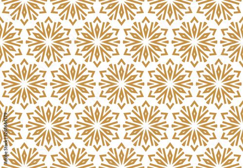 Abstraktes geometrisches Muster mit Linien, Schneeflocken. Ein nahtloser Vektorhintergrund. Weiße und goldene Textur. Grafisches modernes Muster