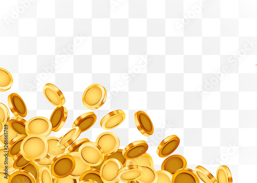 Falling coins, falling money, flying gold coins, golden rain on transparent background. Jackpot or success concept.