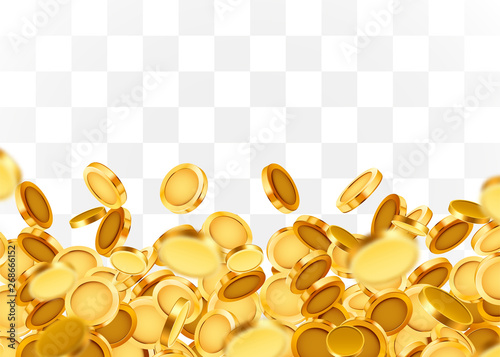 Falling coins, falling money, flying gold coins, golden rain on transparent background. Jackpot or success concept.