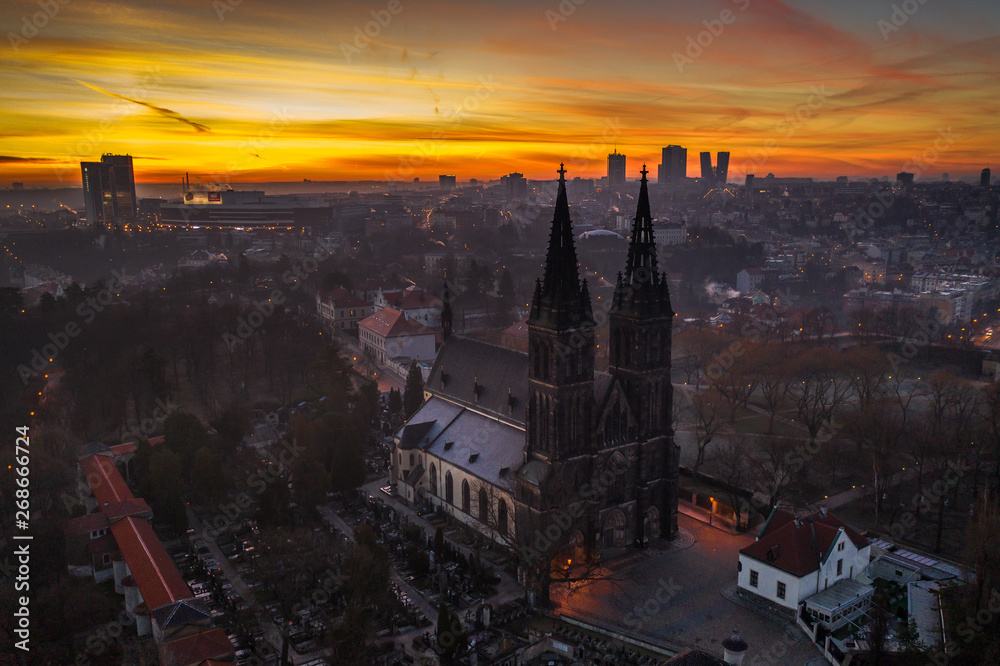 Fototapeta premium The Basilica of St Peter and St Paul is a neo-Gothic church in Vyšehrad fortress in Prague, Czech Republic. Founded in 1070-1080 by the Czech King Vratislav II, Behind the church is famous cemetery.