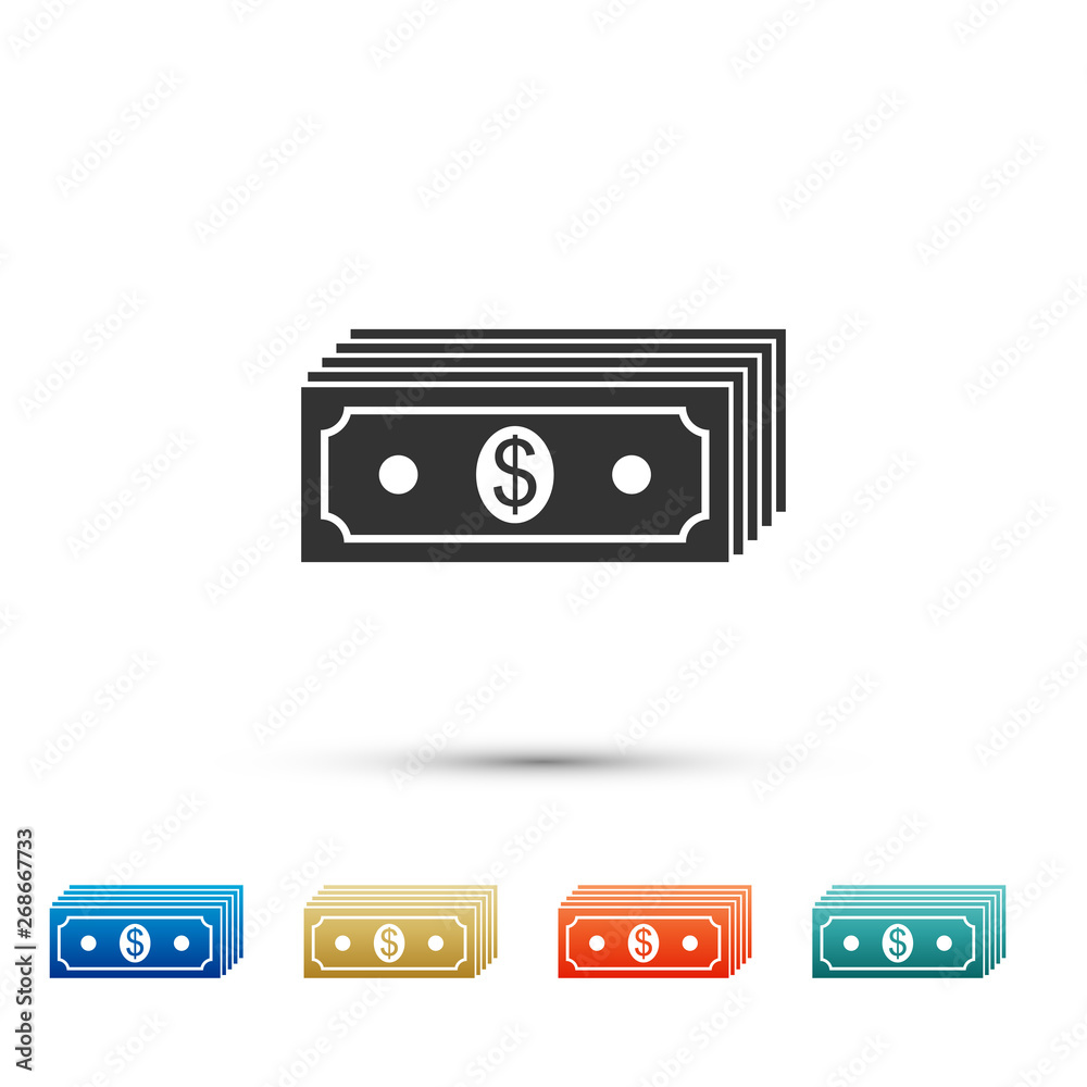 Paper money american dollars cash icon isolated on white background. Money banknotes stack with dollar icon. Bill currency. Set icons in color icons. Vector Illustration Paper money american dollars cash icon isolated on white background. Money banknotes stack with dollar icon. Bill currency. Set icons in color icons. Vector Illustration