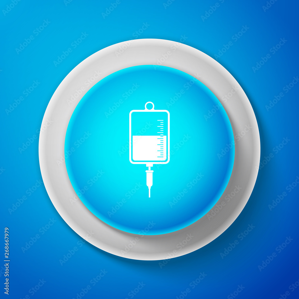 IV bag icon isolated on blue background. Blood bag icon. Donate blood concept. The concept of treatment and therapy, chemotherapy. Circle blue button. Vector Illustration IV bag icon isolated on blue background. Blood bag icon. Donate blood concept. The concept of treatment and therapy, chemotherapy. Circle blue button. Vector Illustration