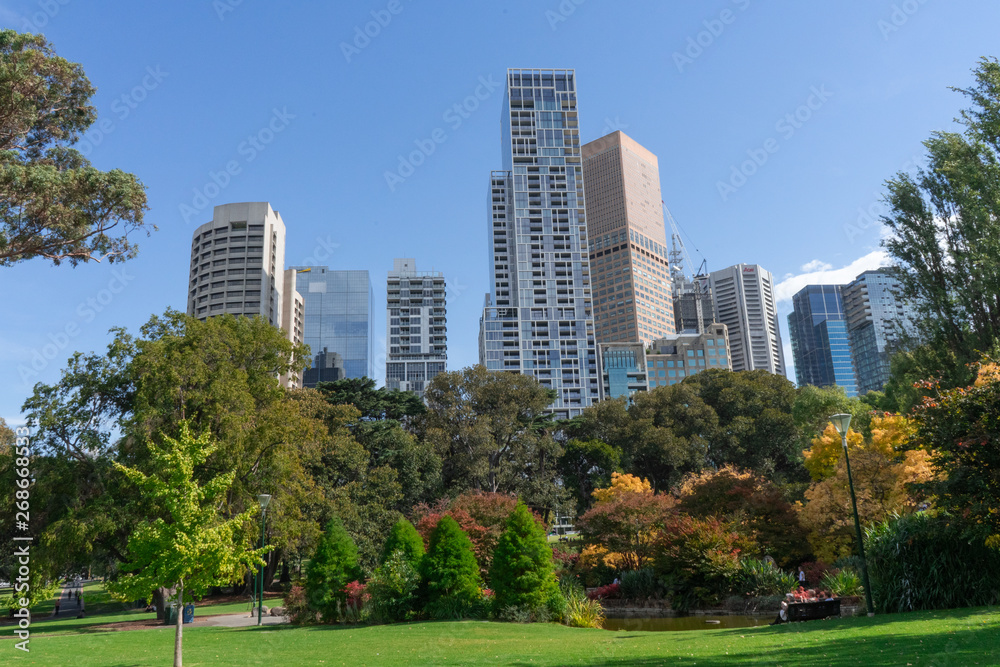 Melbourne Victoria Australia City view skyline from park