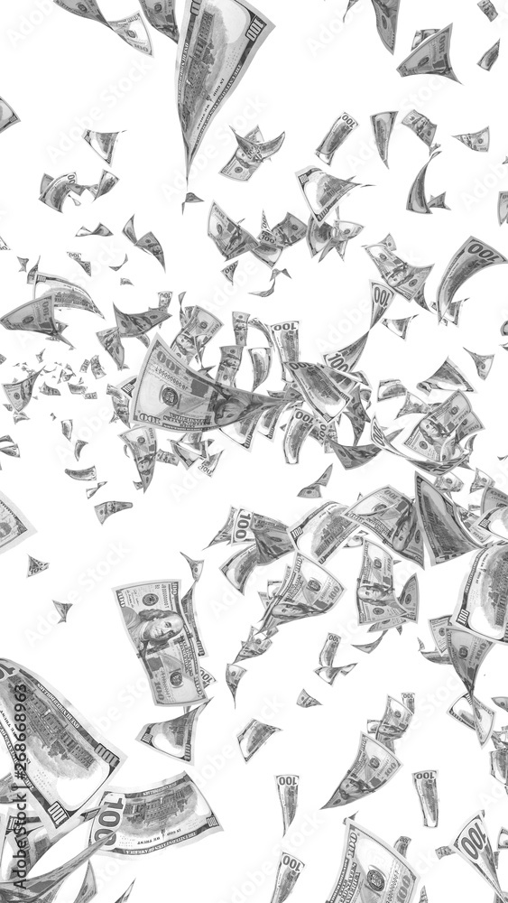 Naklejka premium Flying dollars banknotes isolated on white background. Money is flying in the air. 100 US banknotes new sample. Black and white style. 3D illustration