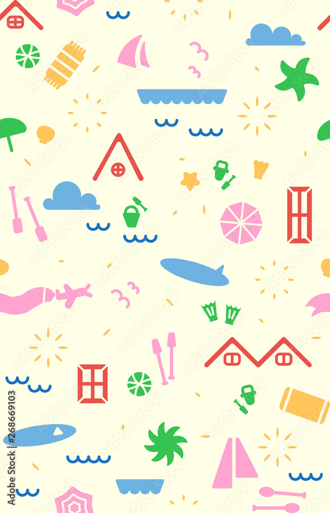 Vacations on the beach, colorful seamless pattern. Summer family holidays theme on white for backgrounds, fashion, textile, wrapping paper and wallpaper