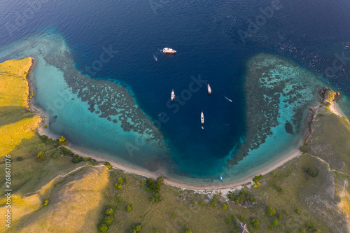 Seen from a bird's eye view, an idyllic island is surrounded by a healthy coral reef in Komodo National Park, Indonesia. This tropical area is known for its marine biodiversity as well as its dragons. photo