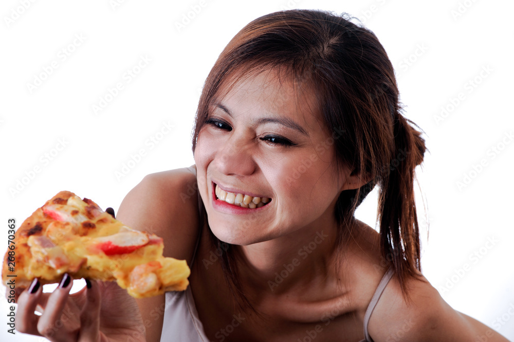 Happy woman eating tasty pizza. Happy woman eating tasty pizza.