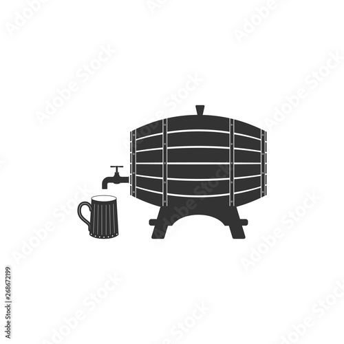 Wooden barrel on rack with stopcock and wooden beer mug icon isolated. Flat design. Vector Illustration