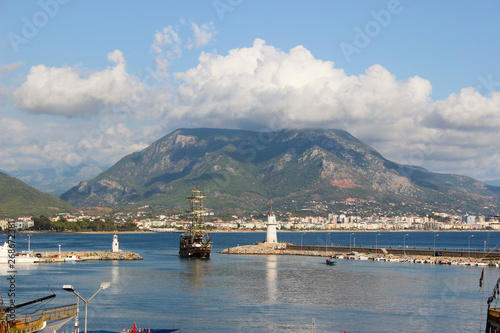 Alanya, Turkey. View on the sea bay, port, boats and mountains