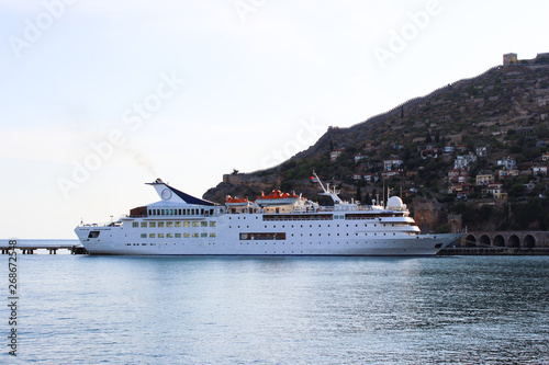 Alanya, Turkey. View on the sea bay, port, boats and mountains