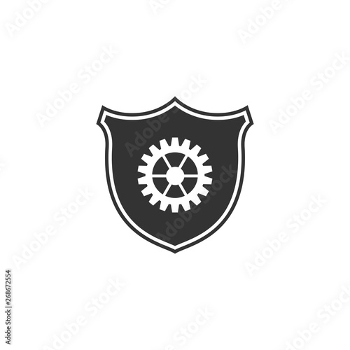 Shield with gear icon isolated. Flat design. Vector Illustration