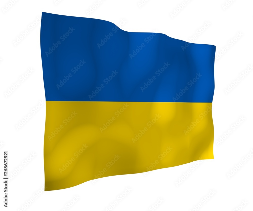 Obraz premium The flag of Ukraine on a white background. National flag and state ensign. Blue and yellow bicolour. 3D illustration waving flag