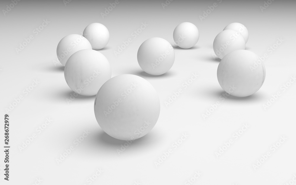 White abstract background. Set of white balls isolated on white backdrop. 3D illustration White abstract background. Set of white balls isolated on white backdrop. 3D illustration