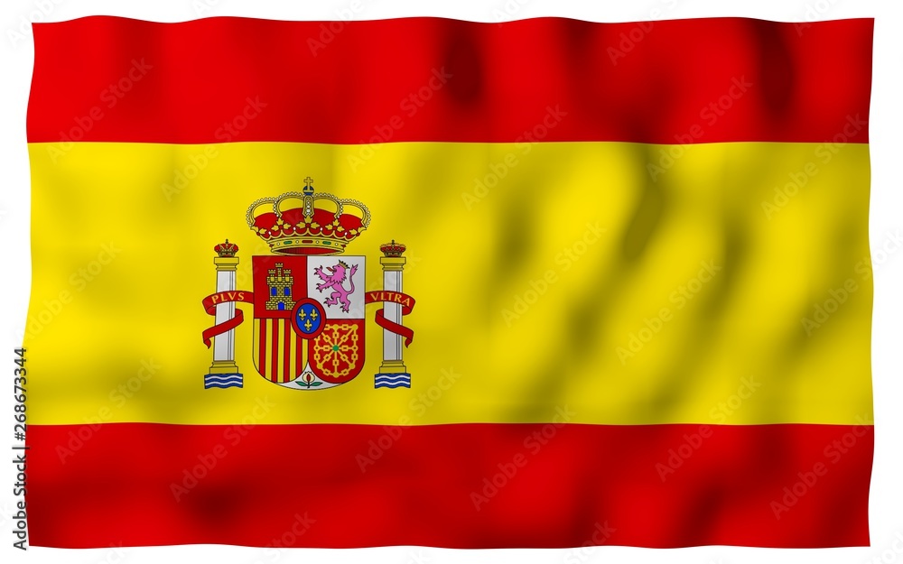 The flag of Spain. Official state symbol of the Kingdom of Spain. Concept: web, sports pages, language courses, travelling, design elements. 3d illustration The flag of Spain. Official state symbol of the Kingdom of Spain. Concept: web, sports pages, language courses, travelling, design elements. 3d illustration
