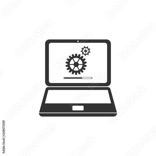 Laptop update process with gearbox progress and loading bar icon isolated. System software update. Loading process in laptop screen. Flat design. Vector Illustration