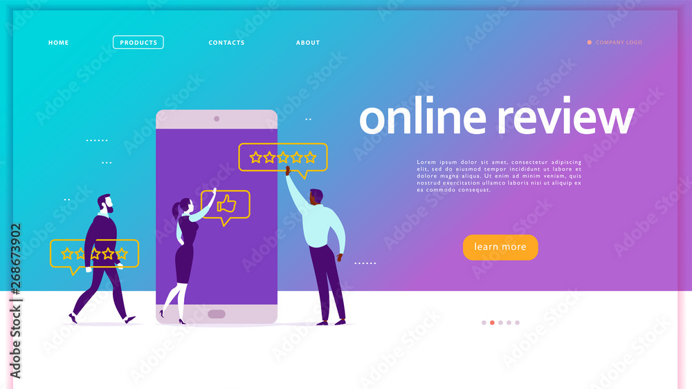 Vector web page concept design with online review theme. Office people at smartphone screen giving stars, feedback and rating. Thumb up, stars line icons. Landing page, mobile app, UI, UX, site.