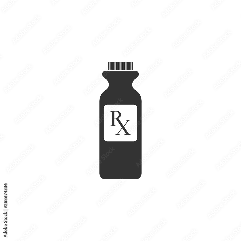 Pill bottle with Rx sign and pills icon isolated. Pharmacy design. Rx as a prescription symbol on drug medicine bottle. Flat design. Vector Illustration