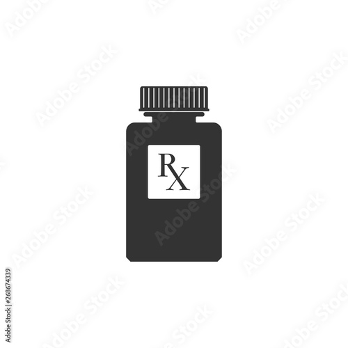 Pill bottle with Rx sign and pills icon isolated. Pharmacy design. Rx as a prescription symbol on drug medicine bottle. Flat design. Vector Illustration