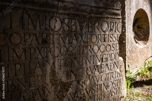 Stone inscription in ancient Roman ruin in Cuicul, Djemila, Algeria