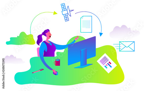Cartoon character illustration for web design, presentation, infographic, landing page: Woman uses cloud service. The employee sits at the computer in the office.