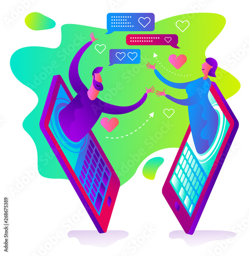 Cartoon character illustration for web design, presentation, infographic, landing page: IT, Internet, online dating, virtual love
