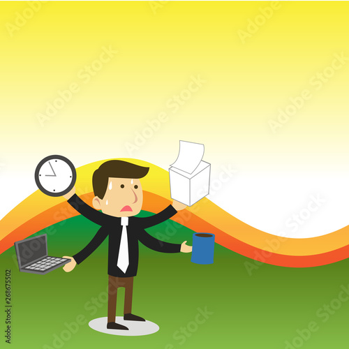 Stressed Out Male Employee Manager Many Armed Multitasking Meet Deadline Business concept Empty template copy space isolated Posters coupons promotional material