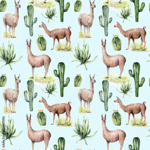 Watercolor seamless pattern with desert cacti and llama. Hand painted botanical illustration with animal and floral on pastel blue background. For design, print, fabric or background. © yuliya_derbisheva
