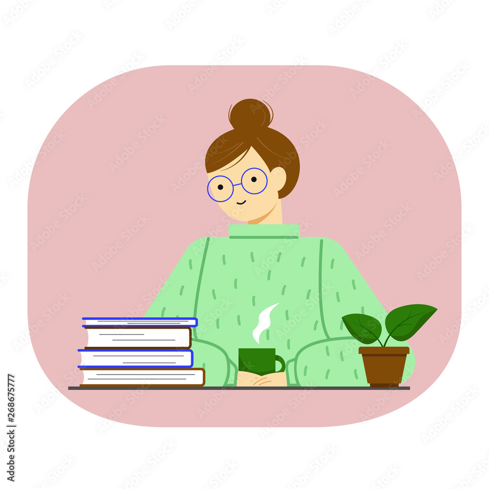 A stack of books on the table, a girl with glasses and a sweater. Portrait, avatar of a young woman with books, a Cup of hot drink and a potted plant.