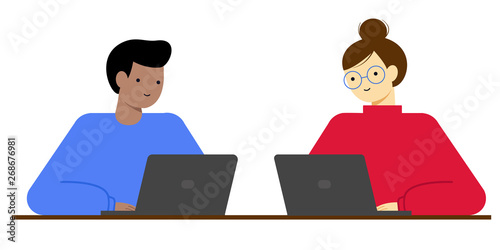 Office life, workplace. Young male and female working in the office. Millennials work on computers.