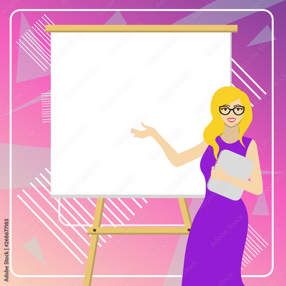 White Female in Glasses Standing by Blank Whiteboard on Stand Presentation Business concept Empty template copy space isolated Posters coupons promotional material White Female in Glasses Standing by Blank Whiteboard on Stand Presentation Business concept Empty template copy space isolated Posters coupons promotional material