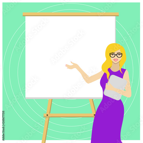White Female in Glasses Standing by Blank Whiteboard on Stand Presentation Design business Empty copy space text for Ad website promotion isolated Banner template