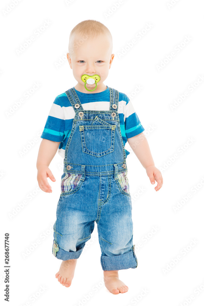 Baby Boy with Dummy full length, Happy Kid Walking, Child One Year Old portrait over White Baby Boy with Dummy full length, Happy Kid Walking, Child One Year Old portrait over White