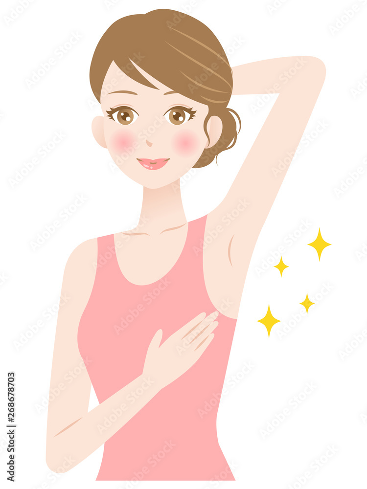 beautiful woman holding her arm up and showing her smooth underarm. isolated on white background