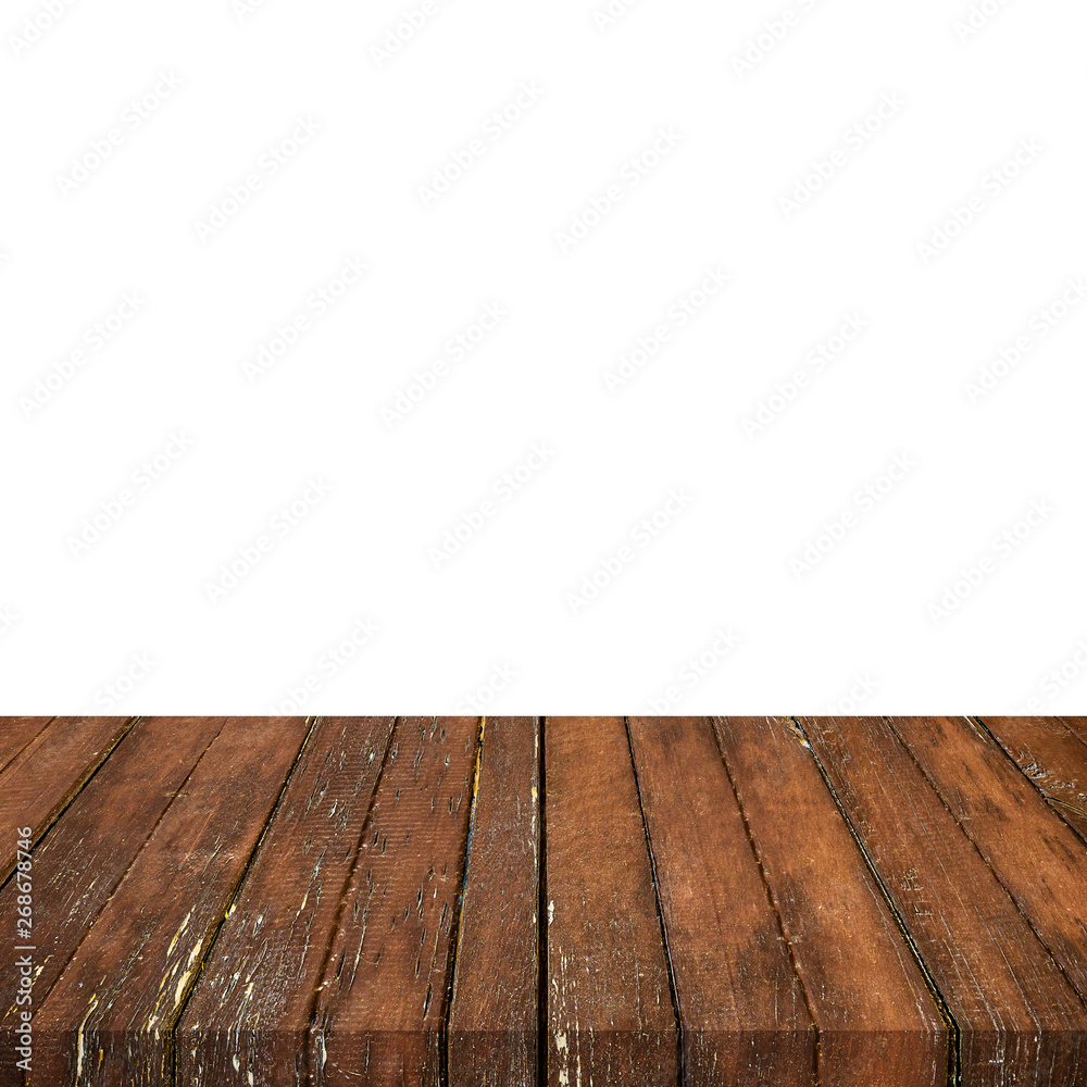 Empty wood table on isolate white background and display montage for product. Empty wood table on isolate white background and display montage for product.